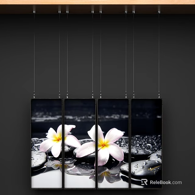 Five Hanging Abstract Paintings with Pink Flowers on Dark Background Water Droplets and Stones 3d model 