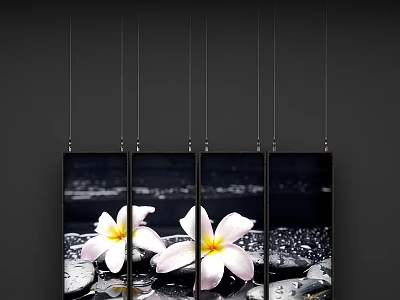 Five Hanging Abstract Paintings with Pink Flowers on Dark Background Water Droplets and Stones 3d model