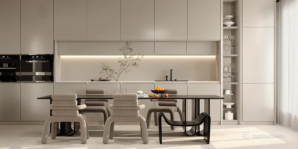 Modern Dining Living Room With Grey Cabinets Dining Table Chairs Green Plant And Lighting Strip 3d model 