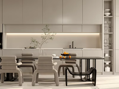 Modern Dining Living Room With Grey Cabinets Dining Table Chairs Green Plant And Lighting Strip 3d model