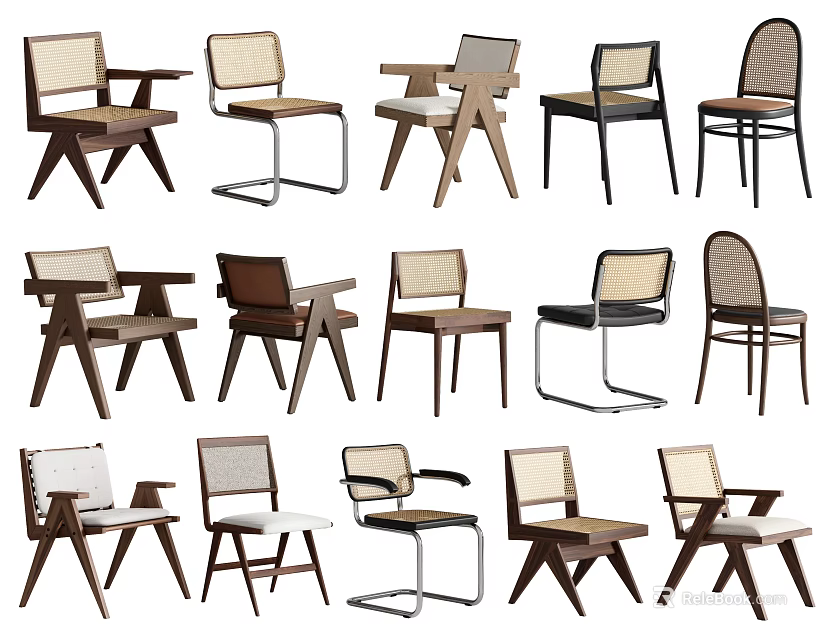 Various Modern Dining Chairs With Wooden Metal Frames And Different Backrest Designs 3d model