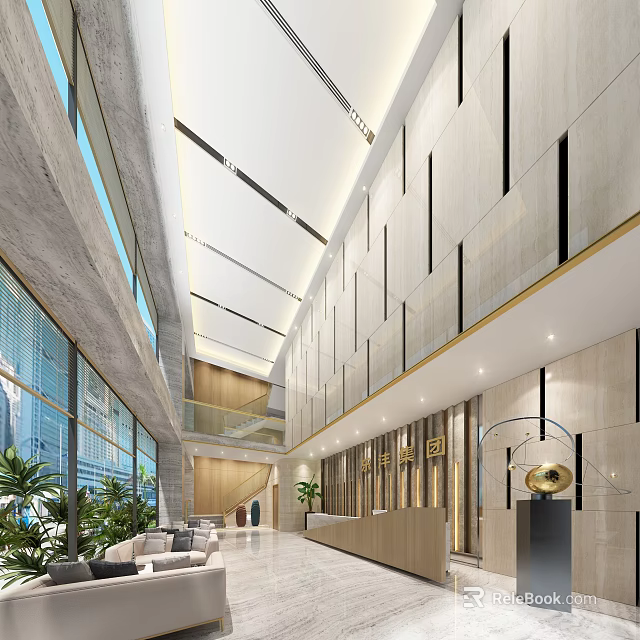 Modern Front Desk Reception Area with Marble Walls Large Windows Green Plants and Bright Space 3d model 