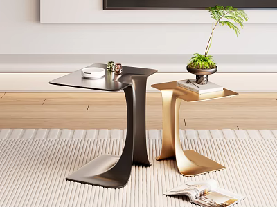 Modern Black and Gold Metal Coffee Tables With Plant and Books 3d model