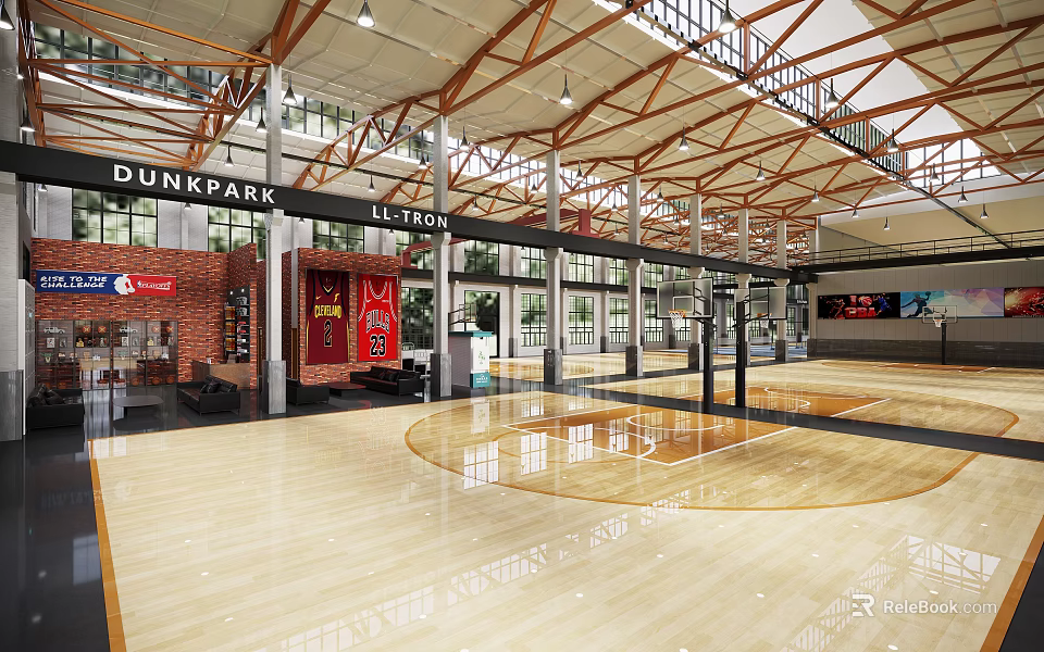 Spacious Indoor Basketball Court With Wooden Flooring And Exposed Beams 3d model 
