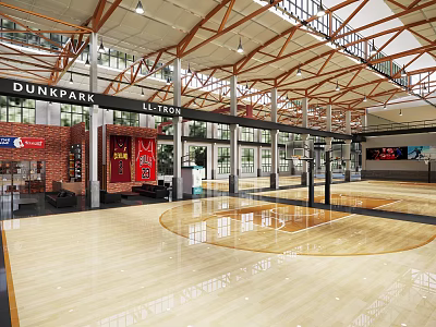 Spacious Indoor Basketball Court With Wooden Flooring And Exposed Beams 3d model