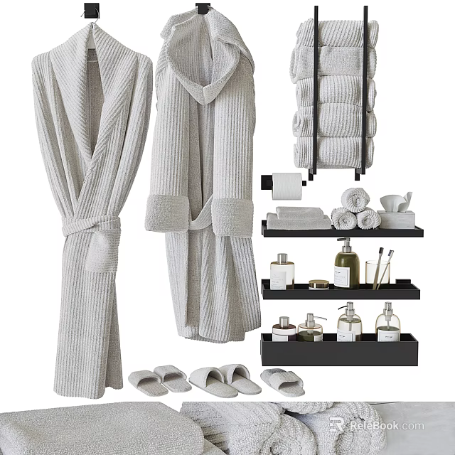 Soft Ribbed Towels and Bathrobes with Folded Towels on Shelves and White Slippers 3d model 