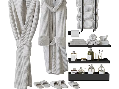 Soft Ribbed Towels and Bathrobes with Folded Towels on Shelves and White Slippers 3d model