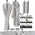 Soft Ribbed Towels and Bathrobes with Folded Towels on Shelves and White Slippers