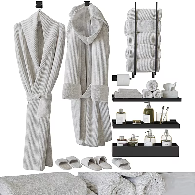 Soft Ribbed Towels and Bathrobes with Folded Towels on Shelves and White Slippers 3d model