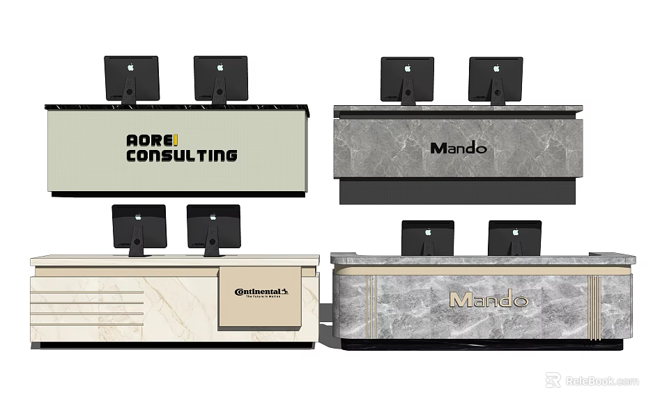 Modern Reception Desk With Marble Surface Multiple Monitors And Company Logos 3d model 