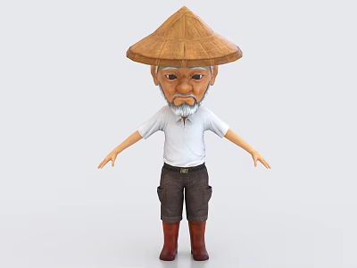 Man Wearing Bamboo Hat With Beard In White Shirt Dark Pants And Brown Boots 3d model