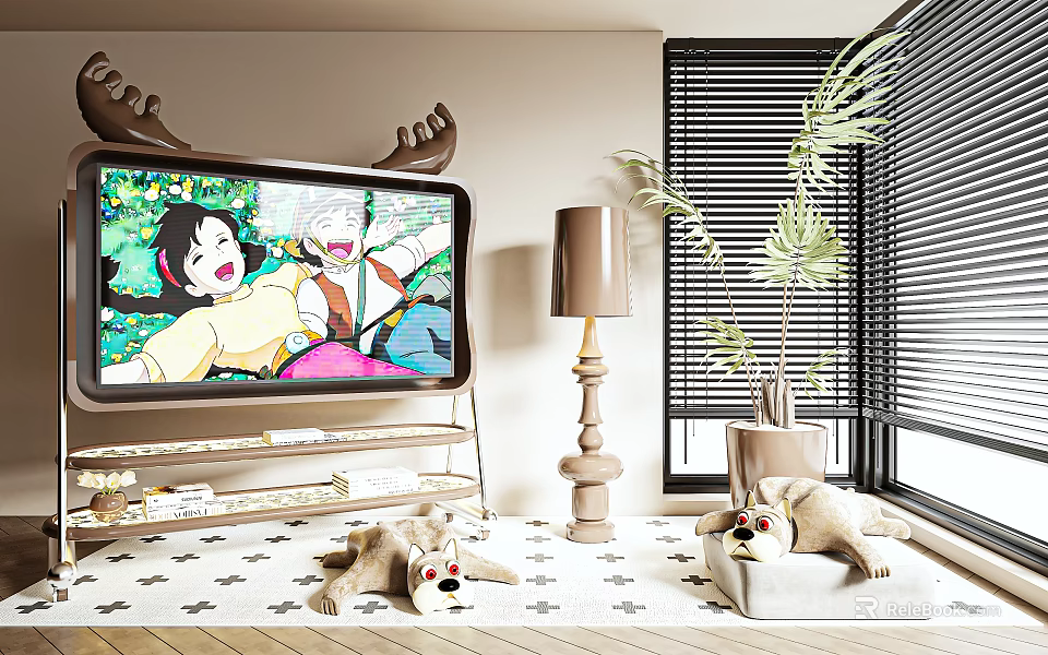 Decorative Ornament Combination with Moose Antler TV Stand Floor Lamp Plush Toys and Potted Plant 3d model 