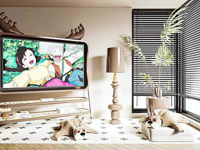 Decorative Ornament Combination with Moose Antler TV Stand Floor Lamp Plush Toys and Potted Plant 3d model