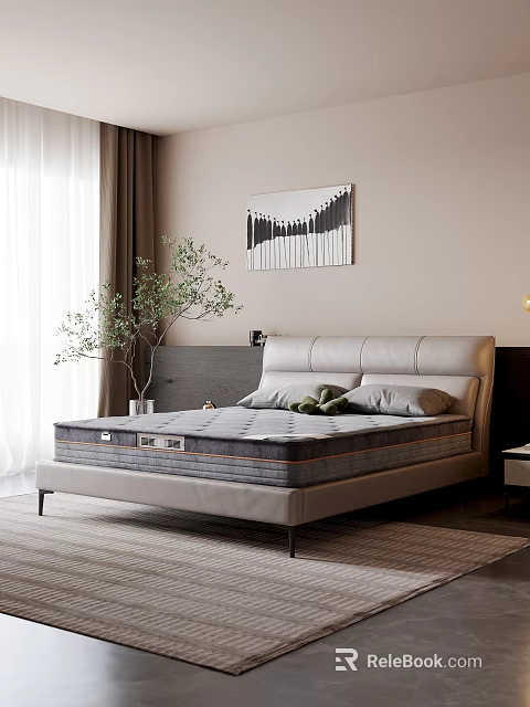 Double Bed In Bright Bedroom With Leather Headboard Gray Mattress Green Plant And Wall Art 3d model 