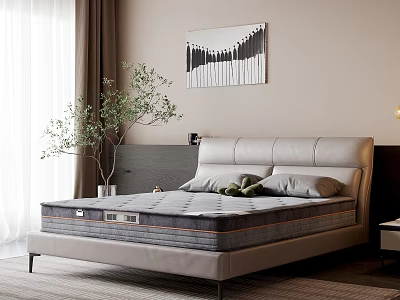 Double Bed In Bright Bedroom With Leather Headboard Gray Mattress Green Plant And Wall Art 3d model