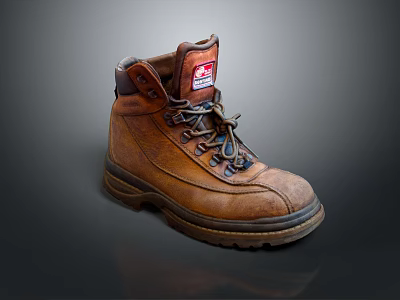 Sturdy Brown Leather Work Boots With Durable Laces And Thick Rubber Sole 3d model