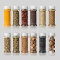 Glass Spice Jars With Various Spices Arranged In Rows On White Background