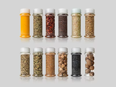 Glass Spice Jars With Various Spices Arranged In Rows On White Background 3d model
