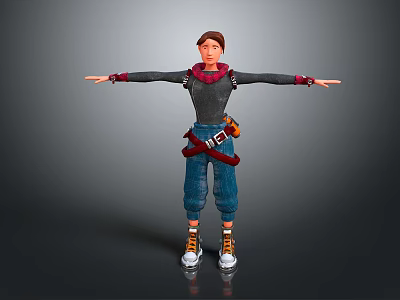 3D Child Character With Arms Outstretched Gray Hoodie Jeans And Tool Belt 3d model