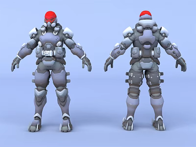 Game Movie Character in Mechanical Armor with Red Helmet Gray 3D Model Front Back View 3d model