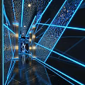 Modern KTV Interior Design With Blue Neon Lights And Geometric Mirror Decorations