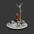 Winter Snowy Scene With Red Coated Figure Snowy Tree Tripod Pot Stones And Falling Snowflakes