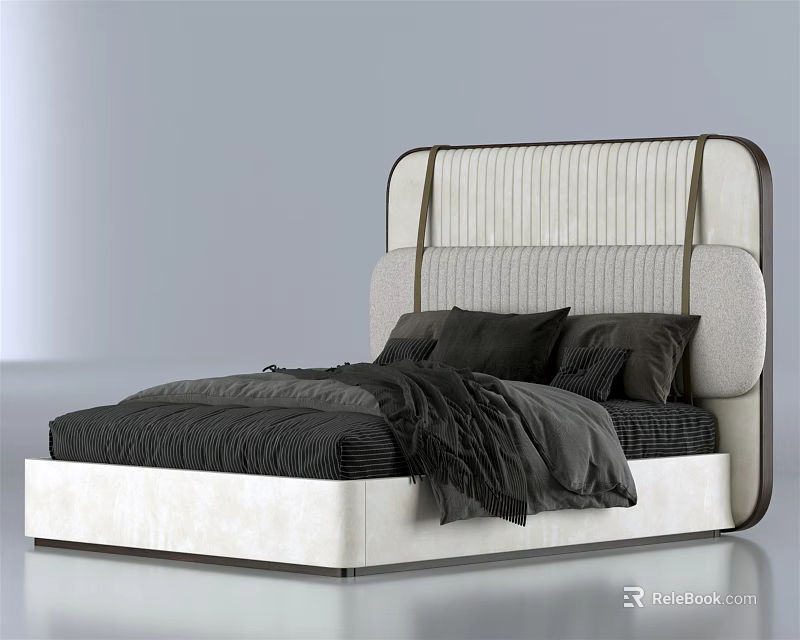 Modern Double Bed With Beige Tufted Headboard And White Frame Black Bedding 3d model