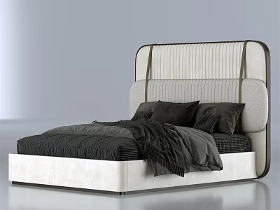 Modern Double Bed With Beige Tufted Headboard And White Frame Black Bedding 3d model