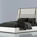 Modern Double Bed With Beige Tufted Headboard And White Frame Black Bedding 3d model