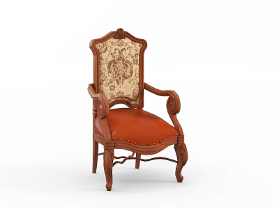 Classic Carved Armchair With Wooden Frame Floral Fabric Back And Orange Leather Seat 3d model