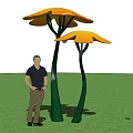 Orange Flower Shaped Structures On Green Grass With Blue Sky White Clouds And Man 3d model