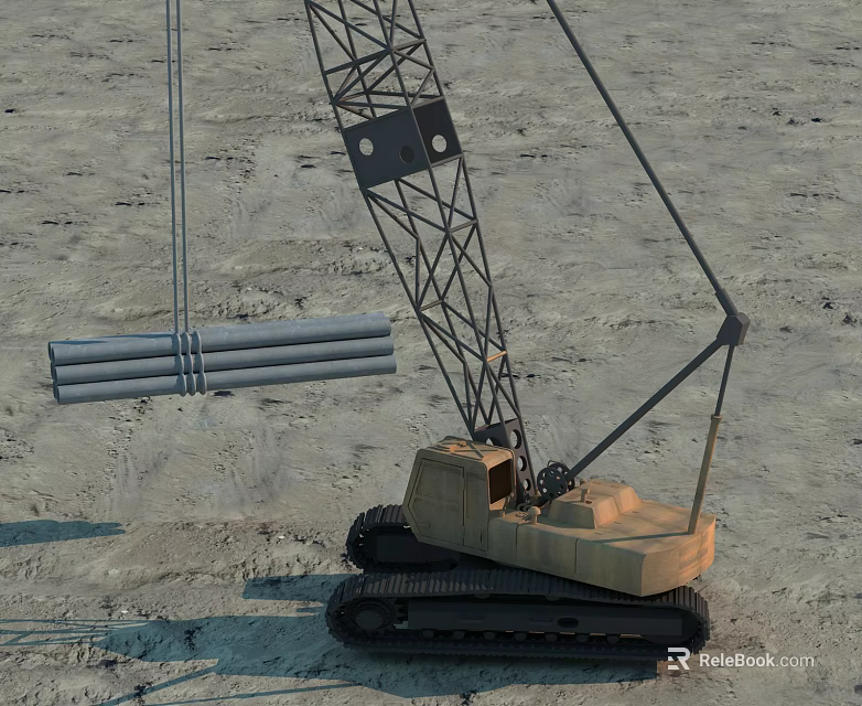 Crawler Crane Function Vehicle Lifting Steel Pipes On Sandy Ground With Crawler Tracks 3d model 