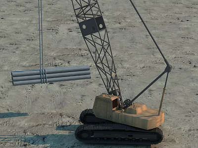 Crawler Crane Function Vehicle Lifting Steel Pipes On Sandy Ground With Crawler Tracks 3d model