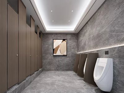 Modern Public Restroom Interior Design With Marble Walls Wooden Stalls Urinals Lighting And Decorative Painting 3d model