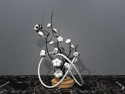 Instagrammable Photo Spot with Black Branches White Cotton Flowers Wooden Base White Rings 3d model