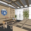 Specialty Store Interior Featuring Wooden Shelves Display Counters And Ceiling Structure