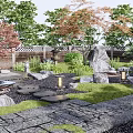 Traditional Courtyard Garden With Japanese Wooden House Stone Lanterns And Maple Tree