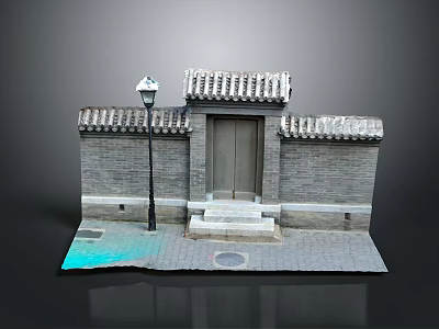 Traditional Chinese Architecture Model Featuring Gray Brick Walls Tile Roof Wooden Door And Street Lamp 3d model