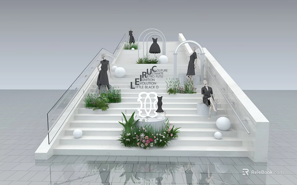 Modern Elegant Staircase Display Platform With Fashion Models Green Plants And Flower Arrangements 3d model 
