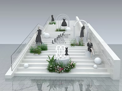 Modern Elegant Staircase Display Platform With Fashion Models Green Plants And Flower Arrangements 3d model