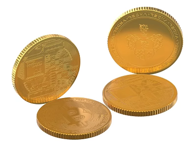 Gold Cryptocurrency Coins Featuring Bitcoin Logo And Detailed Engravings 3d model