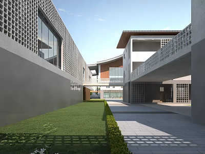Modern School Building Architecture Featuring Courtyard Green Lawn Walkway And Glass Facade 3d model