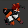 Red Fox Game Character In Black White Outfit With Blue Luminous Accents Crouching Pose