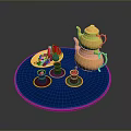 Stylish Gold Teapot With Teacups And Plate Featuring Red And Blue Items On Blue Tray