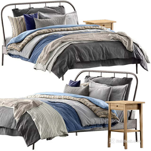 Minimalist Single Bed Setup With Blue Gray Beige Bedding Pillows And Wooden Nightstand 3d model 