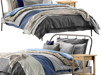 Minimalist Single Bed Setup With Blue Gray Beige Bedding Pillows And Wooden Nightstand 3d model