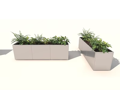 Decorative Modern Metal Rectangular Garden Planters With Lush Green Plants 3d model