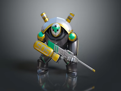 Game Movie Character Robot With Silver Armor Green Yellow Accents Holding Gun And Shoulder Cannons 3d model