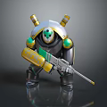 Game Movie Character Robot With Silver Armor Green Yellow Accents Holding Gun And Shoulder Cannons