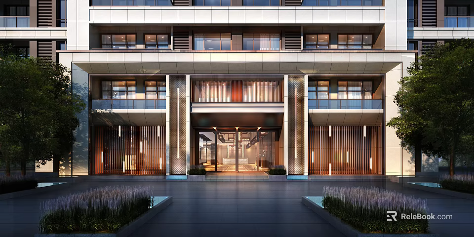 Modern Building Facade Entrance With Glass Doors Wooden Panels And Decorative Lighting 3d model 